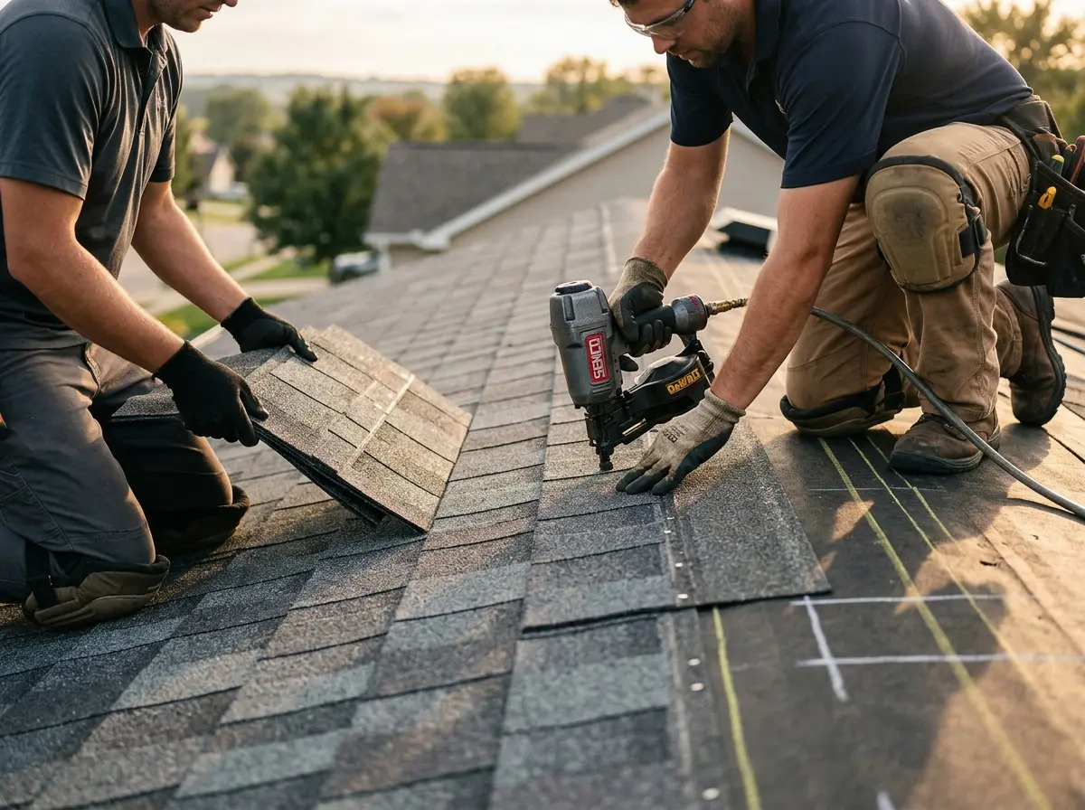 Professional roofer working on a residential roof in Kennedale